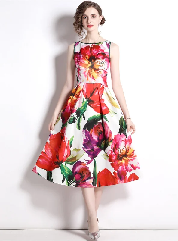 Printed Sleeveless Big Swing Waist Dress Preppy floral dresses