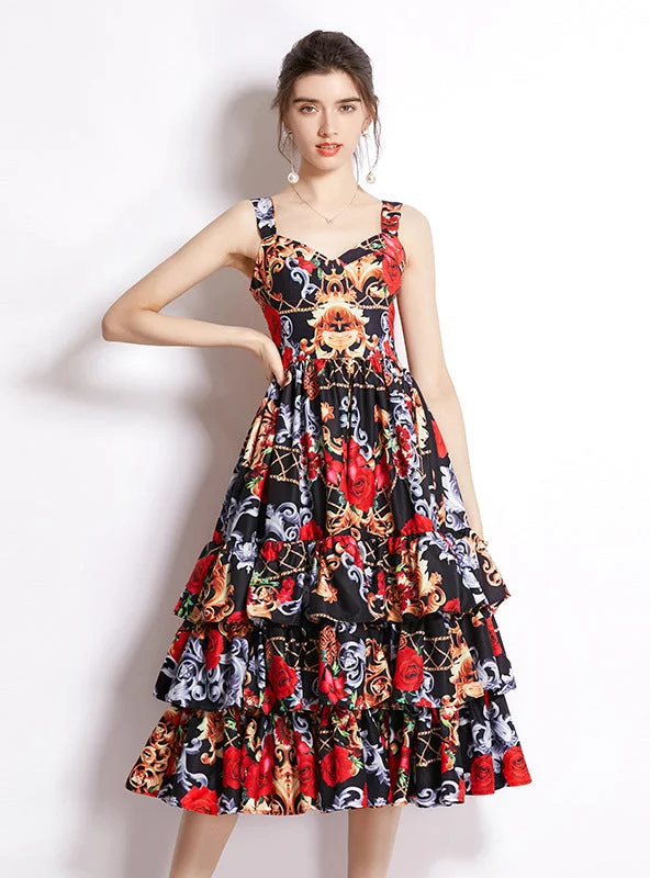 Printed V-neck Waist Cake Dress Tiered floral dresses
