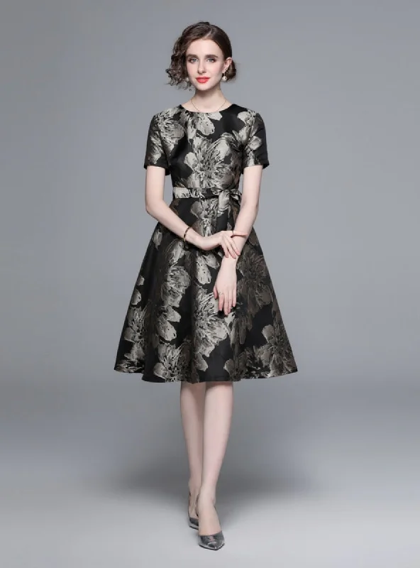 Retro Black Gold Printed Short-sleeved Dress Zara floral dresses