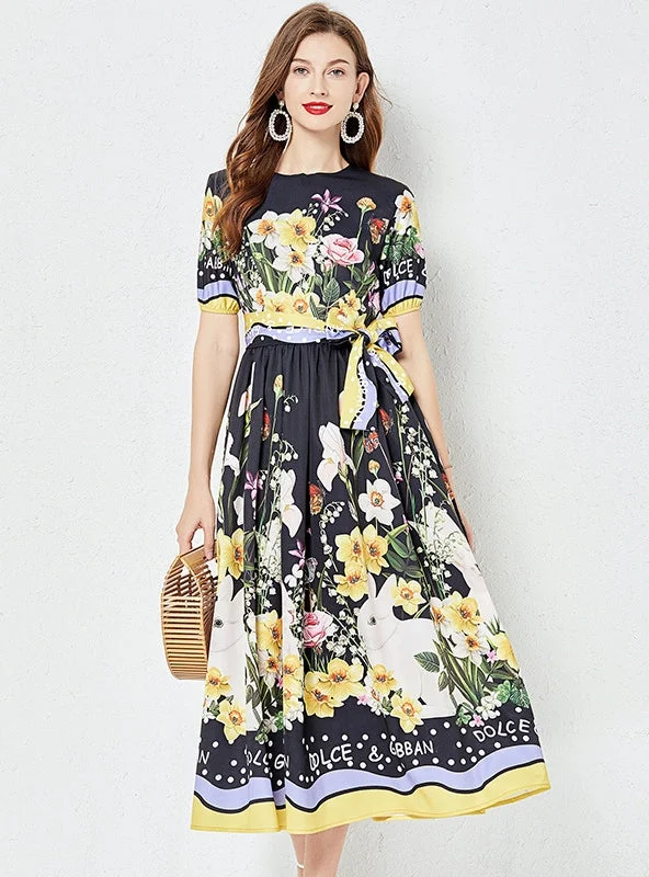 Retro Short-sleeved Round Neck Printed Dress Best floral dresses for curvy figures