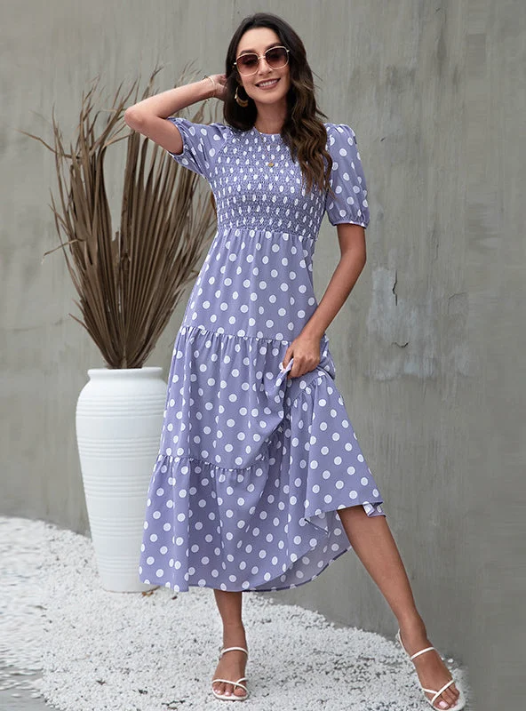Round Neck Bubble Sleeve Polka Dot Print Dress Elegant floral dresses