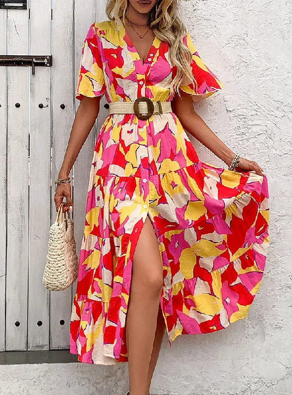Short Sleeve V-neck Printed Dress Shein floral dresses