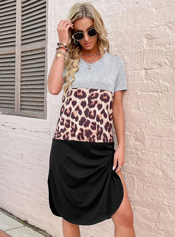 Short-sleeved Leopard Print Split Dress Sexy floral print dresses