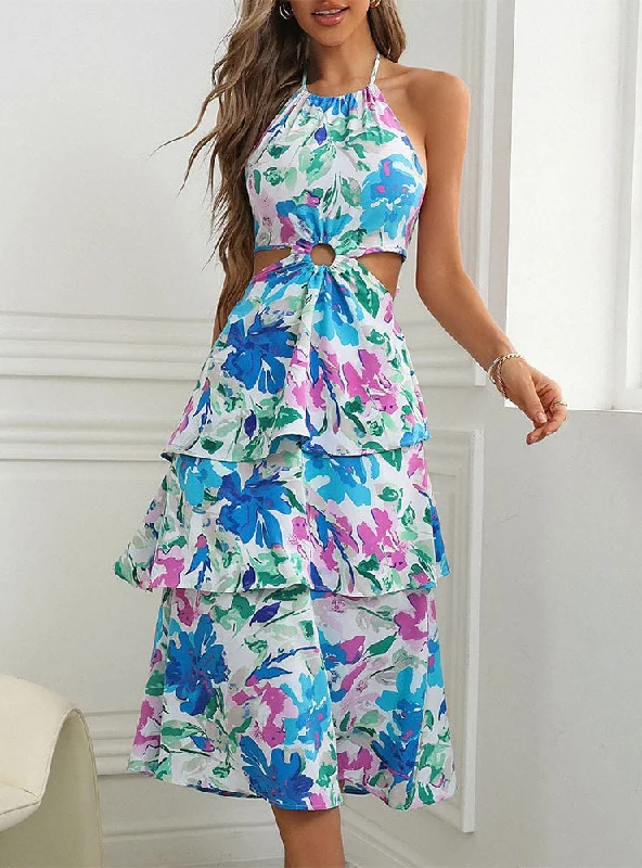 Sleeveless Halter Cake Printed Bow Dress Lace floral dresses
