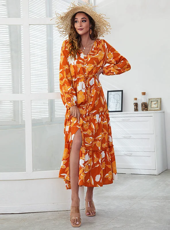 V-neck High Waist Print Irregular Split Dress Bodycon floral dresses