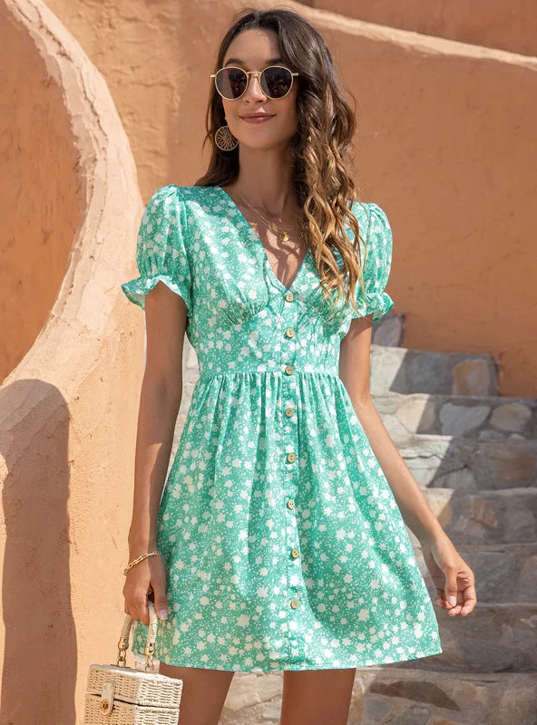 V-neck Print Bubble Sleeve High Waist Dress Cottagecore floral dresses
