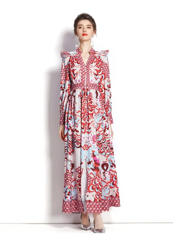 V-neck Retro Long-sleeved Printed Dress Linen floral dresses