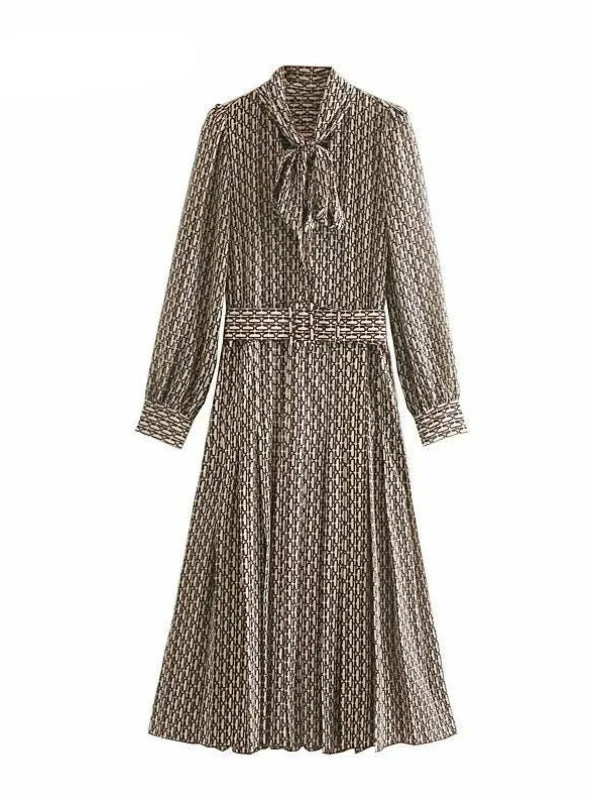 Women Elegant Belt Chain Print Bow Tie Neck Long Dress Designer floral dresses