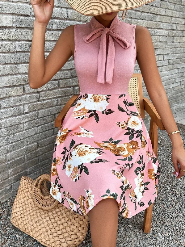 Women's Dresses Bow Tie Print Sleeveless Dress Floral dresses under $100