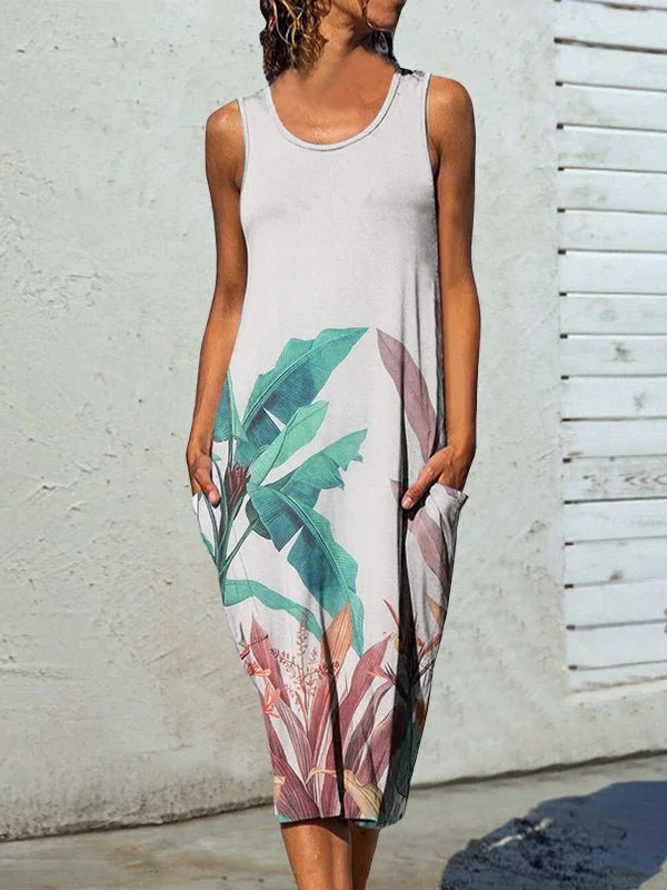 Women's Dresses Loose Print Pocket Sleeveless Dress Office floral dresses