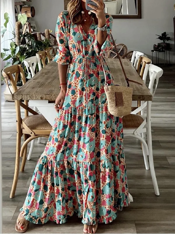 Women's Dresses Printed V-Neck Ruffle Long Sleeve Dress A-line floral dresses