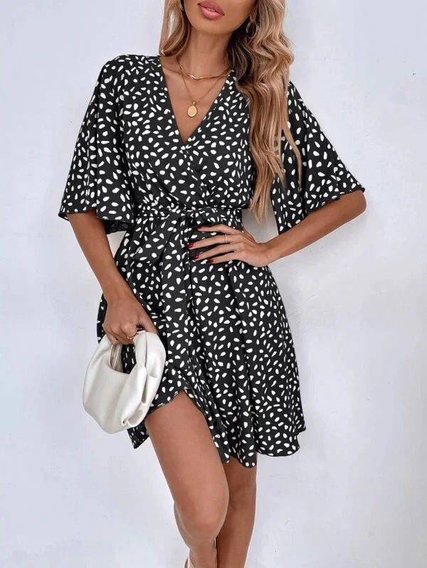 Women's Dresses V-Neck Print Belted Short Sleeve Dress Linen floral dresses