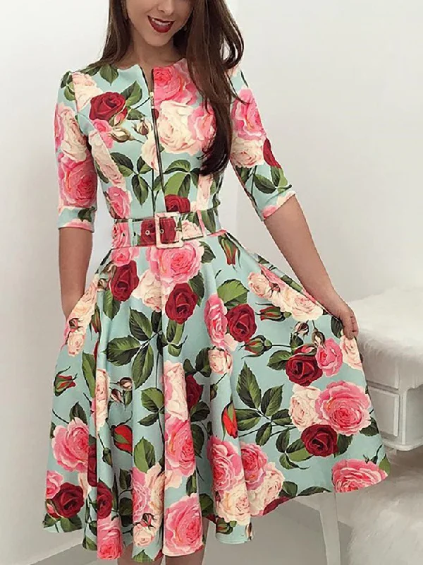 Women's Dresses Zip Floral Print Half Sleeve Dress Casual floral dresses