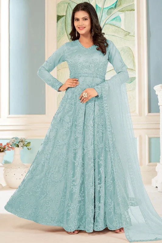 Embroidered Cyan Color Anarkali Salwar Kameez In Net Fabric Anniversary unclassified dresses