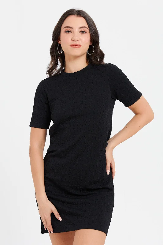 Women Black Short Sleeve T-Shirt Dress Lace Mini Skirt
