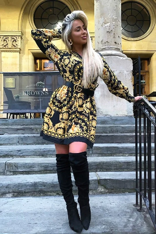 Black Gold Floral Scarf Print Plunge Mini Dress - Sydney Button-front Mini Skirt