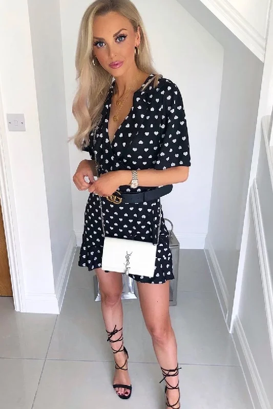 Black Heart Print Plunge Ruffle Detail Mini Dress - Nicolle Floral Print Skirt