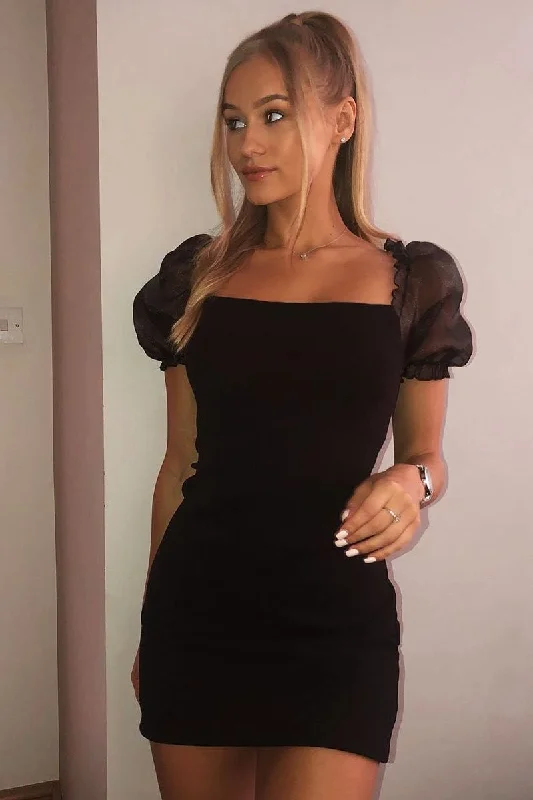Black Organza Puff Sleeve Mini Dress - Dalena High-waist Skirt Trend