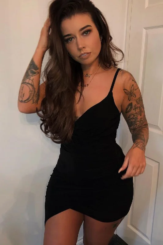 Black Plunge Wrap Front Slinky Mini Dress - Cressie Soft Mini Skirt