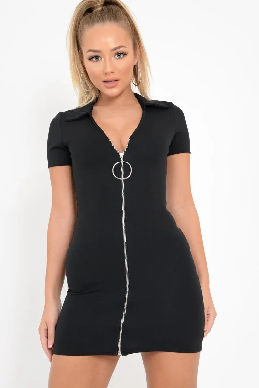 Black Plunge Zip Mini Dress - Arelys Stylish Mini Skirt