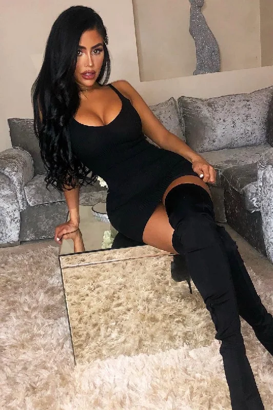 Black Rib Knit V Neck Mini Dress - Amylia A-line Denim Skirt