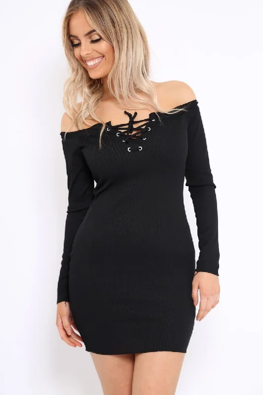 Black Ribbed Lace Up Front Mini Dress - Gracey Plaid Skater Skirt
