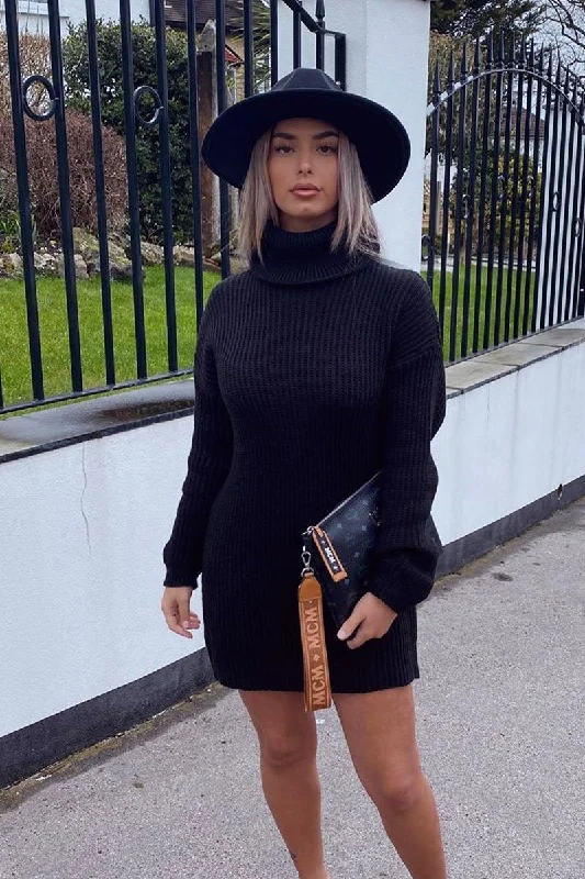 Black Roll Neck Mini Jumper Dress - Dariyana Long-sleeve Mini Skirt