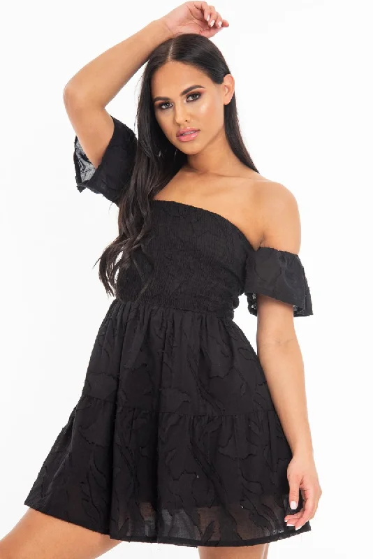 Black Shirred Bardot Tiered Textured Mini Dress - Emma Soft Mini Skirt