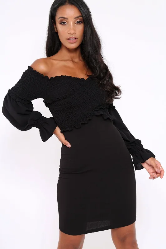 Black Shirred Wrap Over Bardot Mini Dress - Natasha Stylish Mini Skirt