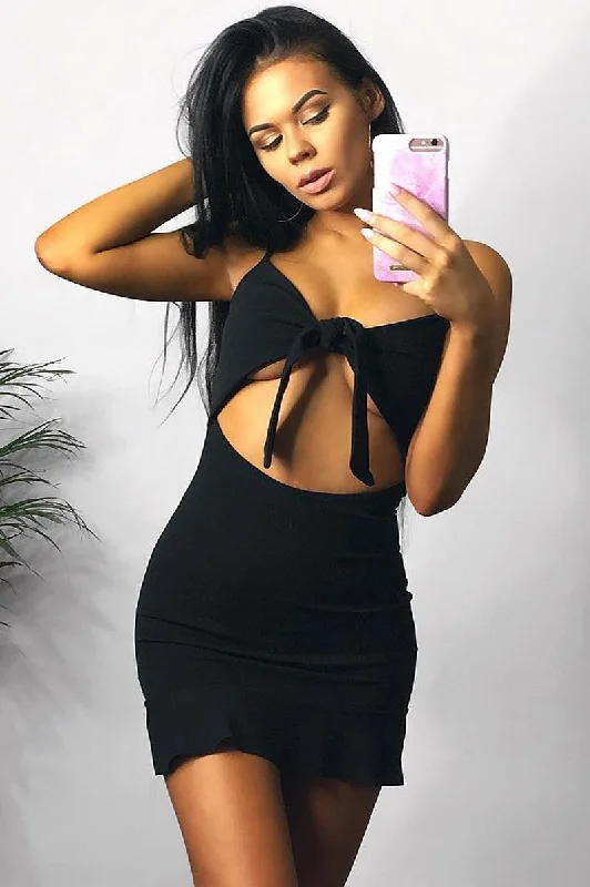 Black Tie Front Ruffle Hem Mini Dress - Darianna Cozy Denim Mini Skirt