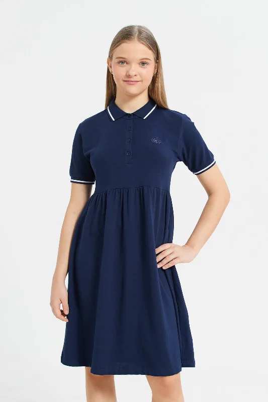 Girls Navy Collar Plain Short Sleeve Dress Raw Hem Mini Skirt