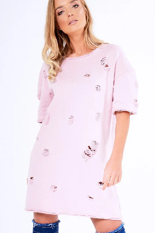Pink Distressed Detail Short Sleeved Jumper Dress - Cammie High-Waist Skirt Look