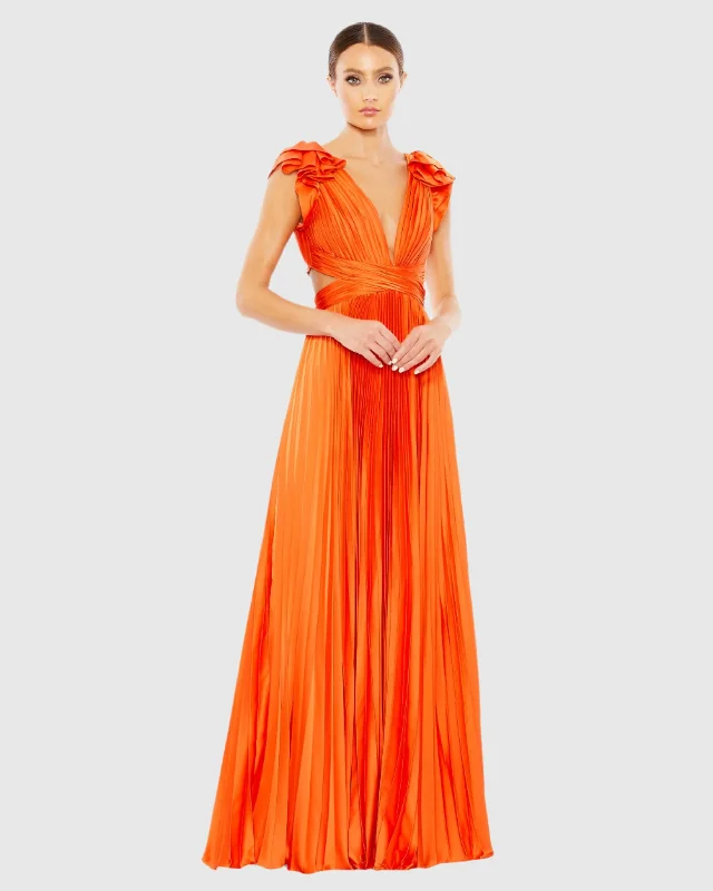 Light Orange Pleated Ruffled Cap Sleeve Cut Out Lace Up Gown Lace Dress Style