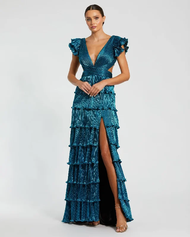 Blue Ruffle Tiered Criss Cross Lace Up Gown Sexy Lace Gown