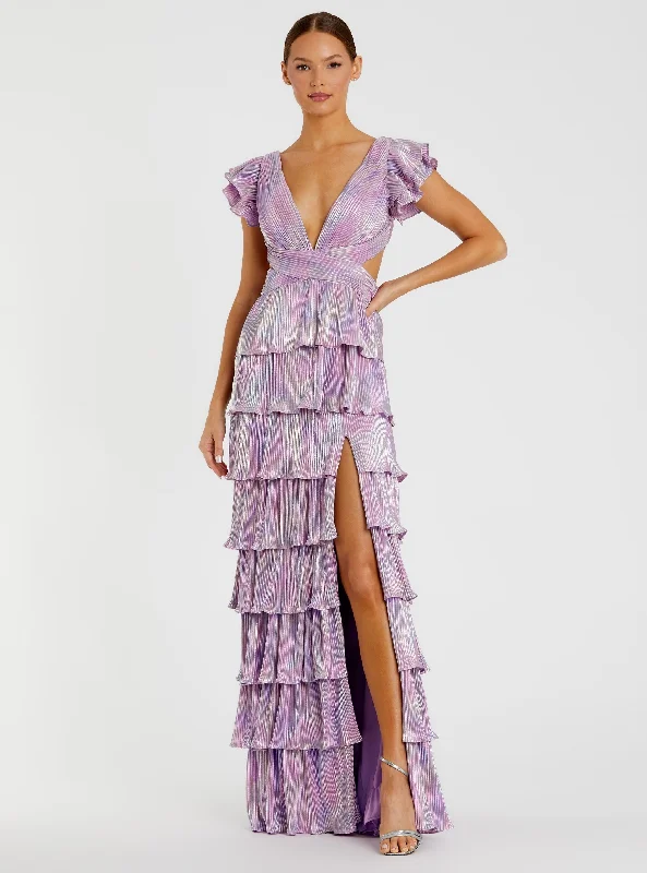 Purple Multicolor Ruffle Tiered Criss Cross Lace Up Gown Lace Dress Formal