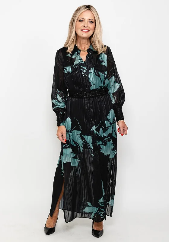 Badoo Metallic Mesh Shirt Maxi Dress, Black & Green Button-down Maxi Skirt