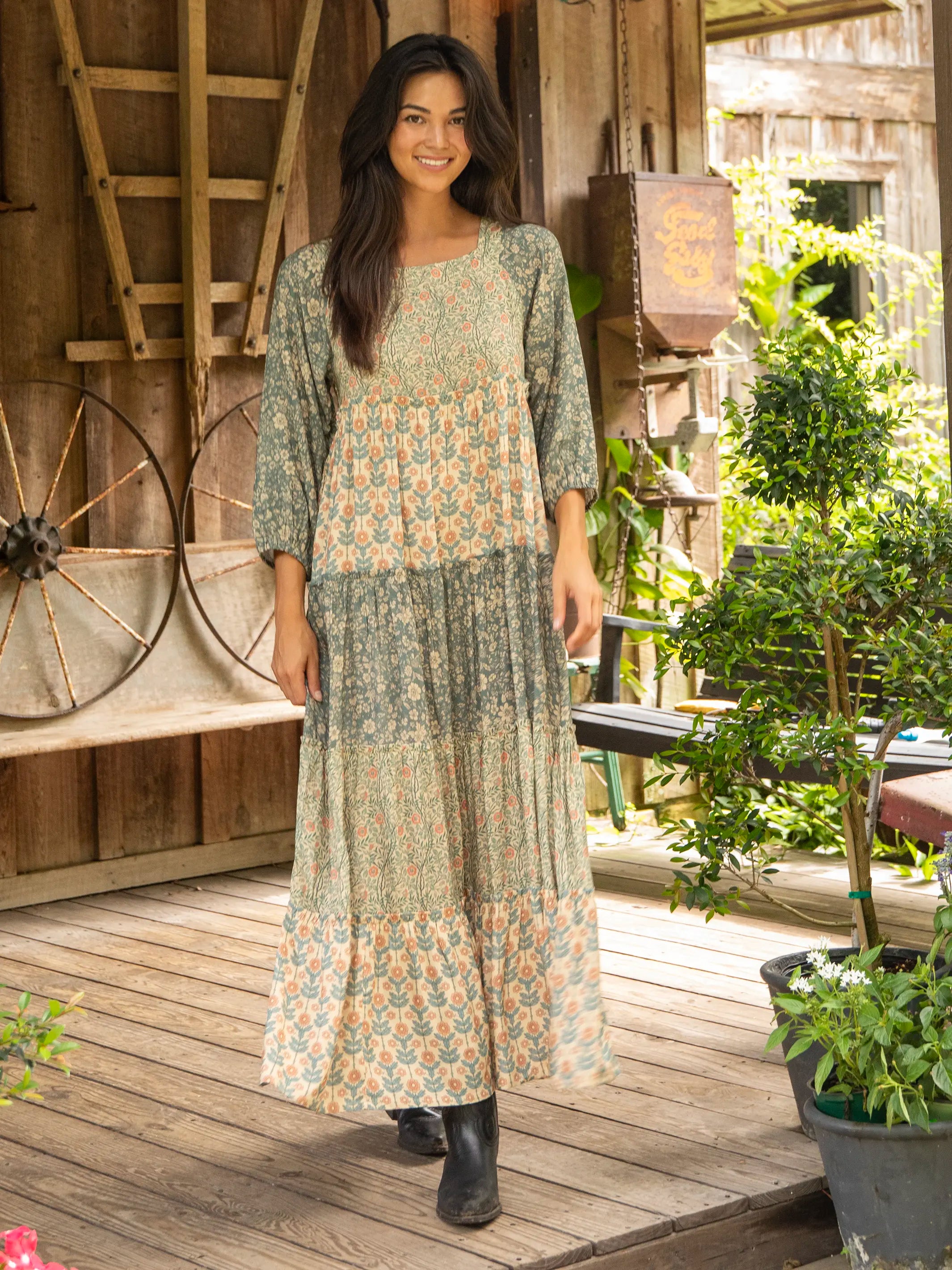 Berkley Long Sleeve Maxi Dress - Tan Olive Mixed Floral Chic Maxi Skirt