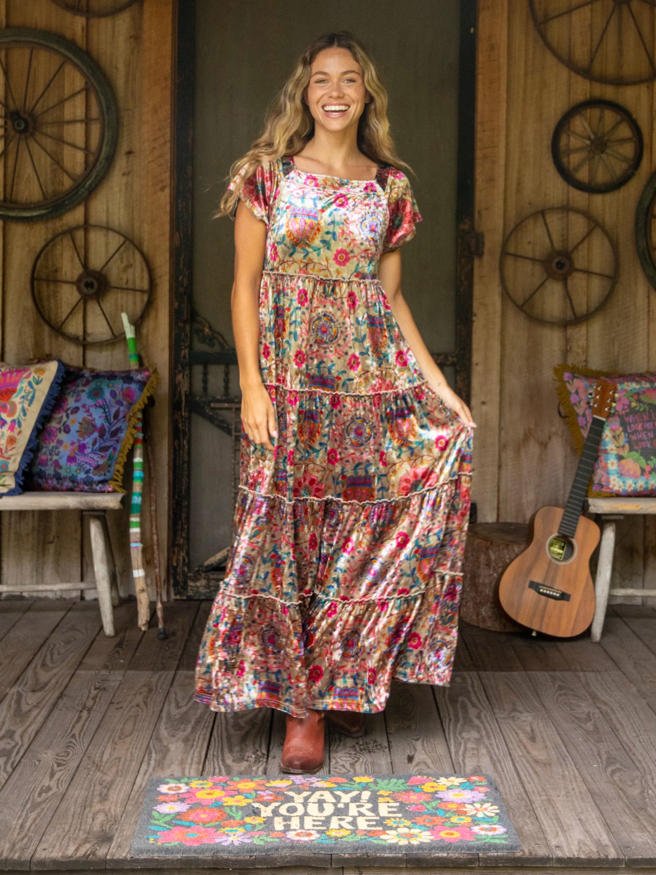 Berkley Velvet Maxi Dress - Black Printed Folk Cream Summer Floral Maxi