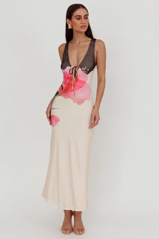 Cinders Tied Plunging Neckline Maxi Dress Flower Black Front Slit Skirt