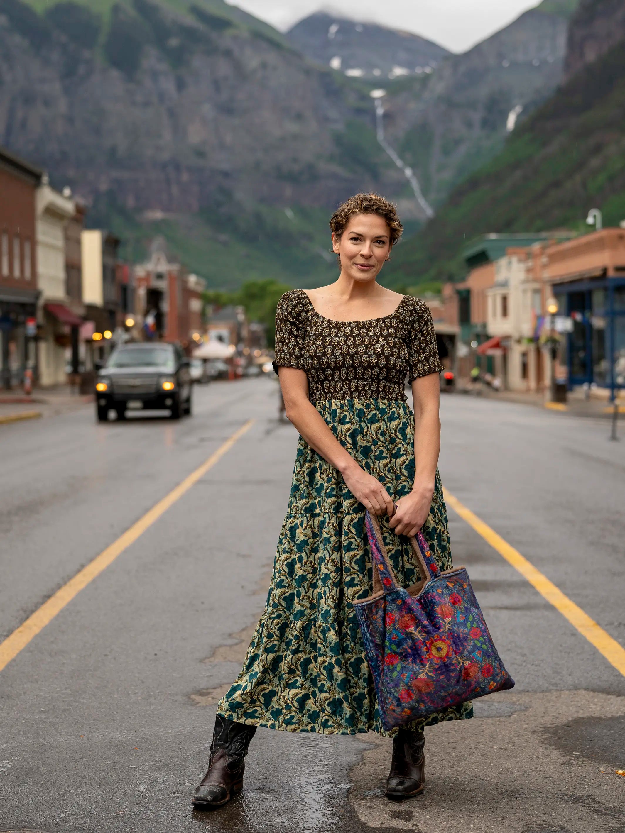 Daisy Tiered Maxi Dress - Teal Dark Brown Mixed Floral Bohemian Maxi Skirt
