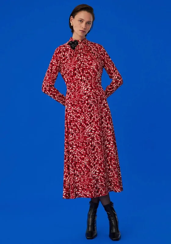 Exquise Petal Print Flower Neck Maxi Dress, Red Multi Skater Maxi Skirt