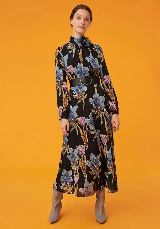Exquise Floral Applique Neck Maxi Dress, Black Multi Comfortable Long Skirt