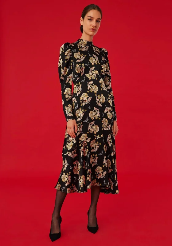 Exquise Floral Satin Maxi Dress, Black Multi Maxi Skirt Party