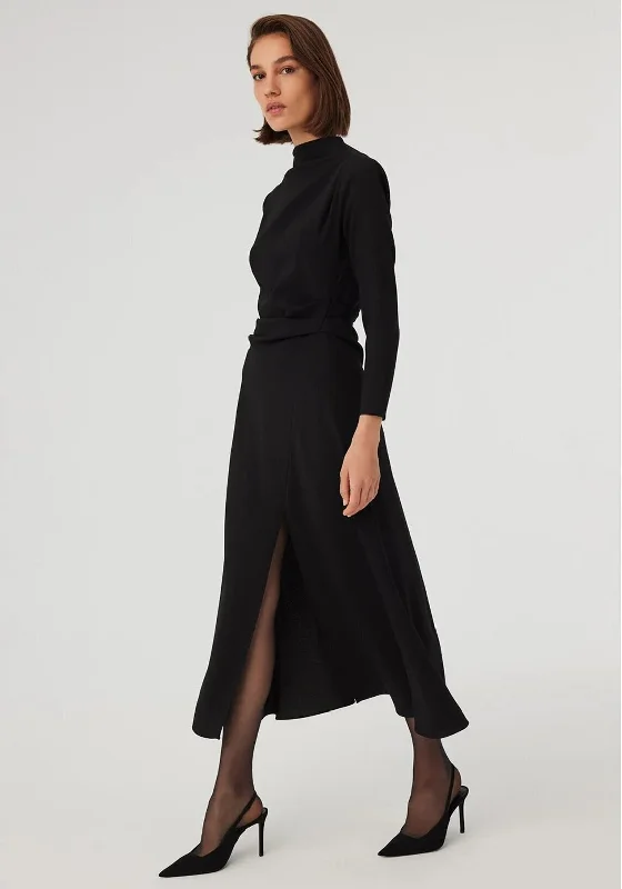 Exquise Funnel Neck Ruched Maxi Dress, Black Soft Ruffled Maxi