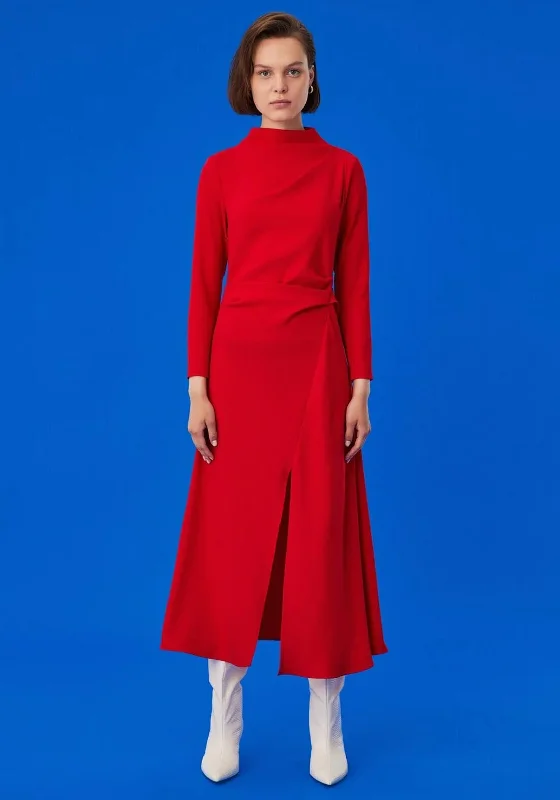 Exquise Funnel Neck Ruched Maxi Dress, Red Floral A-line Skirt