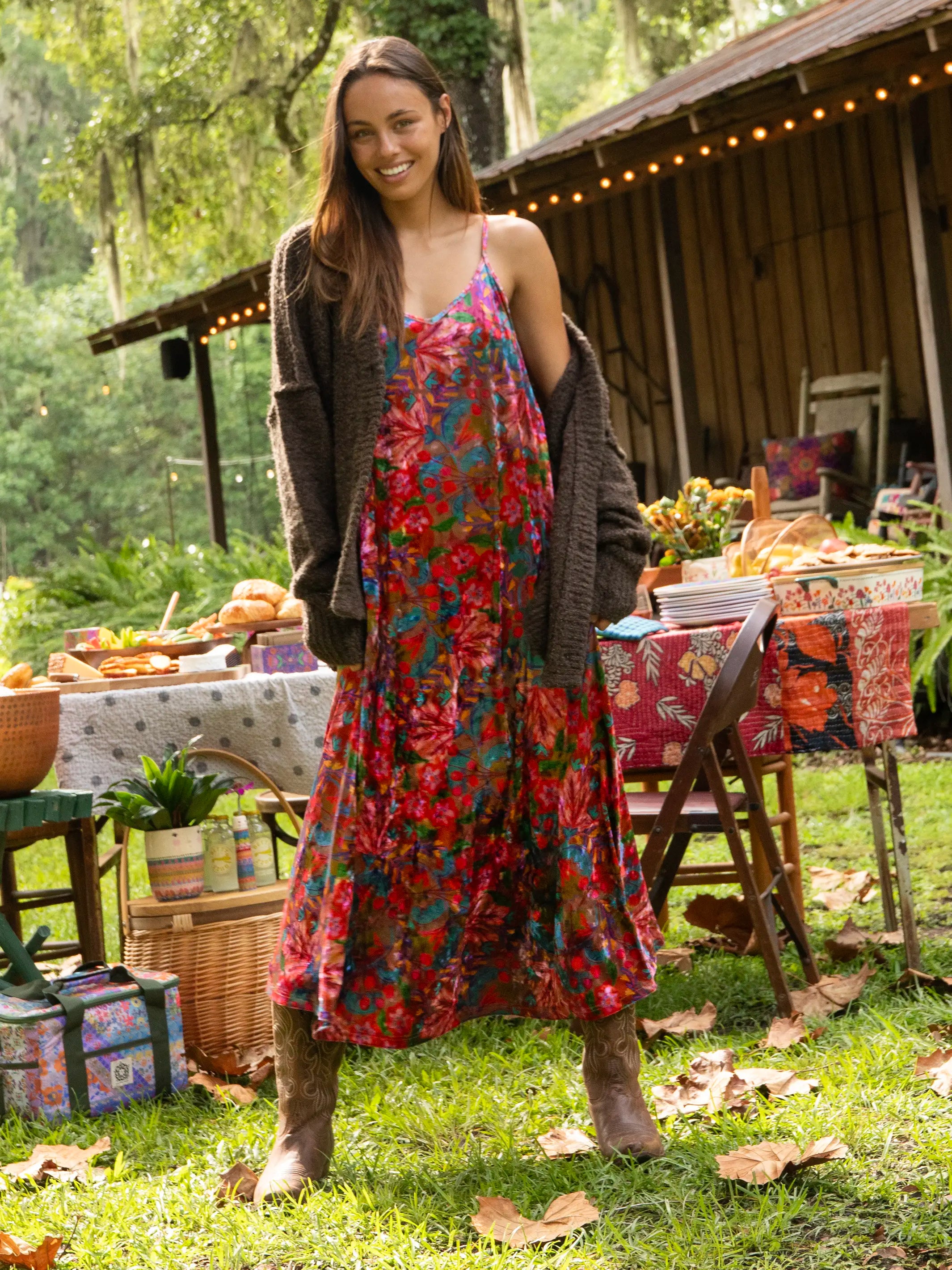 Gracie Velvet Slip Maxi Dress - Pink Red Folk Floral Comfortable Maxi Look