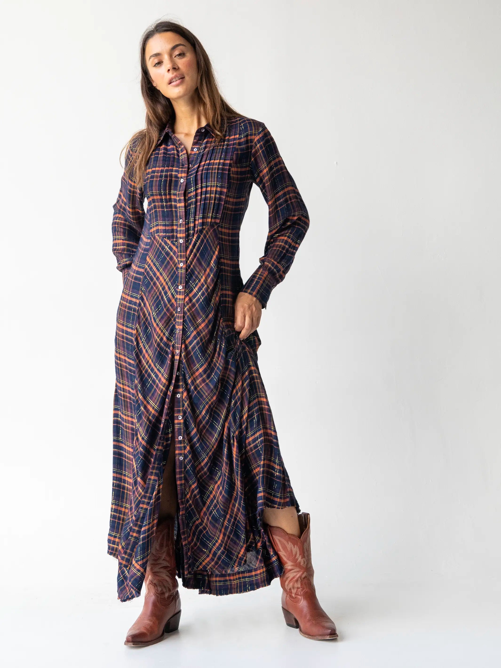Hailee Maxi Dress - Navy Orange Plaid Ruffle Maxi Skirt