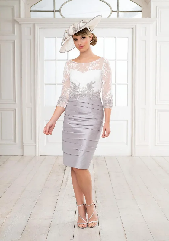 Ispirato Lace Illusion Bodice Ruched Dress, Slate & Cream Modern Lace Dress