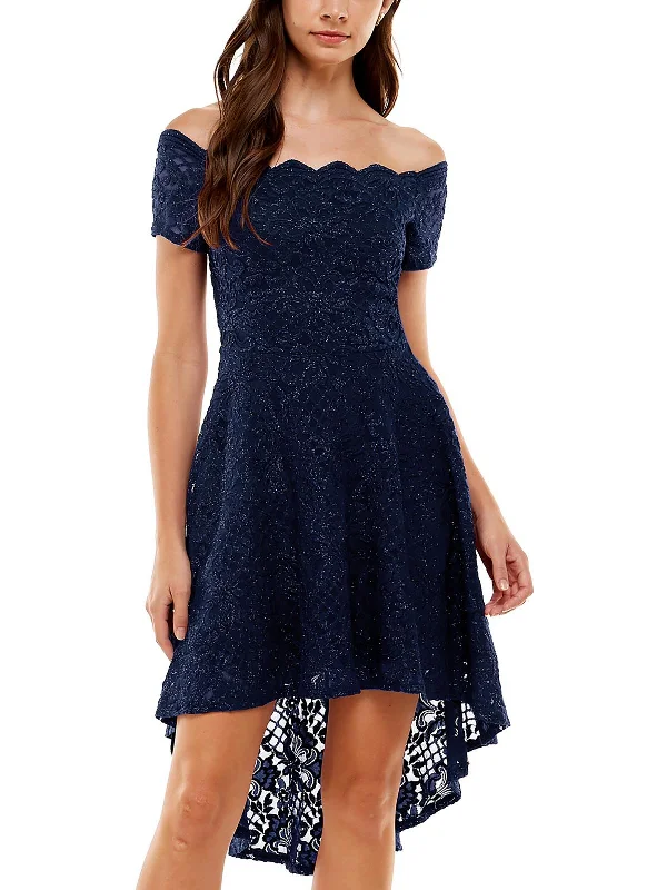Juniors Womens Lace Overlay Knee Length Fit & Flare Dress Lace Overlay Dress
