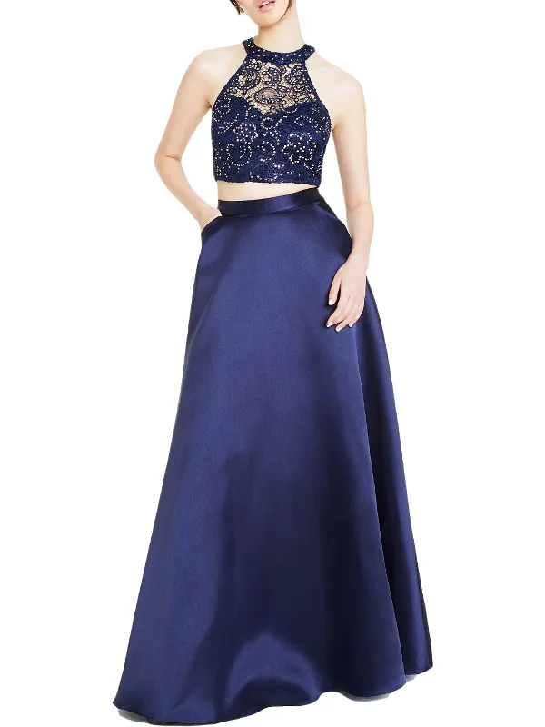 Juniors Womens Lace Top Halter Two Piece Dress Off-the-shoulder Lace
